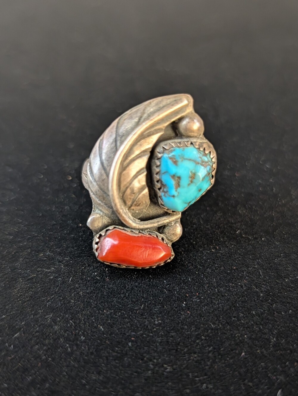 Vtg Sterling Silver Native American Ring Unsigned Turquoise Coral As Is Sz 7.25